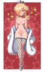  1girl absurdres blonde_hair blue_eyes border breasts coat crown eyelashes fishnet_thighhighs fishnets full_body fur_coat hair_over_one_eye highres looking_at_viewer mario_(series) medium_breasts mini_crown naked_coat nipples nude off_shoulder parted_lips pussy rosalina sarukaiwolf solo starry_background super_mario_galaxy thighhighs white_border 