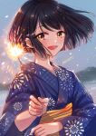  1girl :d artist_name blue_kimono blush brown_eyes brown_hair commentary_request fireworks holding_fireworks japanese_clothes kimono long_sleeves looking_at_viewer obi open_mouth orange_sash original outdoors print_kimono sash short_hair signature sky smile solo sparkler sugano_manami upper_body 