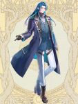  1boy arm_at_side black_choker black_gloves blue_coat blue_hair blue_vest boots brown_footwear choker coat collared_shirt dairoku_ryouhei full_body gloves green_eyes half_gloves heterochromia high_heel_boots high_heels highres lapels long_hair long_sleeves looking_at_viewer male_focus nogawaina notched_lapels open_clothes open_coat open_collar outstretched_hand pants parted_bangs pink_eyes platform_footwear shirt solo standing thigh_strap vest white_pants white_shirt yellow_background zipper_footwear zipper_pull_tab 