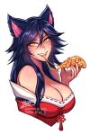  1girl ahri_(league_of_legends) animal_ears artist_name breasts cleavage fangs food hair_between_eyes highres holding holding_food holding_pizza iahfy large_breasts league_of_legends long_hair looking_at_viewer patreon_username pizza pizza_slice simple_background slit_pupils solo teeth tongue tongue_out twitter_username upper_body white_background yellow_eyes 