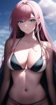  1girl ai-generated aqua_eyes artist_request bikini black_bikini blue_sky character_request check_character cloud copyright_request deviantart dress highres looking_at_viewer midriff navel non-web_source pink_hair sky source_request swimsuit 