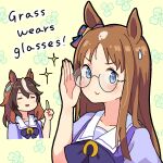  2girls :&gt; =_= animal_ears bespectacled blue_eyes blush bow bowtie brown_hair closed_mouth clover english_text glasses grass_wonder_(umamusume) highres horse_ears index_finger_raised long_hair looking_at_viewer multicolored_hair multiple_girls oishi_oiru open_mouth purple_shirt round_eyewear sailor_collar shirt short_sleeves smile solo_focus sparkle streaked_hair sweatdrop symboli_rudolf_(umamusume) umamusume upper_body 