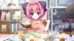  1girl blue_eyes book bookshelf bow bowl breasts cable chopsticks computer cup desk dot_nose dress drinking_glass film_grain food food_request game_cg hair_bow hair_intakes hard_drive hiiragi_kae holding holding_bowl holding_ladle incoming_food izumi_tsubasu lace_trim ladle large_bow lens_flare medium_breasts monitor non-web_source object_request official_art orange_juice picture_frame pink_hair purple_bow re:stage! red_dress round_table rug smile soda solo sparkle swivel_chair table trash_can vegetable wooden_floor 