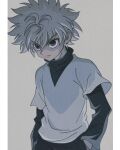  1boy absurdres blue_eyes cowboy_shot empty_eyes enoki_(gongindon) hands_in_pockets highres hunter_x_hunter killua_zoldyck layered_shirt long_sleeves looking_ahead male_focus serious shirt short_sleeves simple_background solo spiked_hair turtleneck white_hair white_shirt 