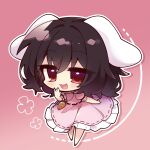  1girl :d animal_ears barefoot black_hair blush carrot_necklace chibi commentary dress frilled_dress frills full_body gradient_background hair_between_eyes highres inaba_tewi jewelry misosiru_0224 necklace open_mouth pink_background pink_dress rabbit_ears red_eyes short_hair short_sleeves smile solo touhou 