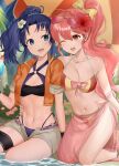  2girls :d ;d aqua_scrunchie bikini bikini_under_clothes black_bikini blue_eyes blue_hair bow breast_press breasts cleavage collarbone eyewear_on_head fire_emblem fire_emblem:_mystery_of_the_emblem fire_emblem:_new_mystery_of_the_emblem flower grey_shorts hair_bow hair_flower hair_ornament hair_scrunchie halterneck hand_on_another&#039;s_hip haru_(nakajou-28) hibiscus high_ponytail jacket kneeling kris_(female)_(fire_emblem) kris_(fire_emblem) long_hair medium_breasts multi-strapped_bikini_bottom multiple_girls navel o-ring o-ring_bikini one_eye_closed open_clothes open_jacket open_shorts orange_jacket phina_(fire_emblem) pink-tinted_eyewear pink_bow pink_hair purple_bikini red_eyes red_flower scrunchie short_shorts shorts sitting sleeves_rolled_up smile sunglasses swimsuit tinted_eyewear two-tone_bikini very_long_hair white_flower yellow-framed_eyewear yellow_bow 