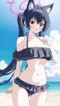  1girl absurdres akagi_koku animal_ear_fluff animal_ears bare_arms bare_legs bare_shoulders beach bikini black_bikini black_hair blue_archive blush breasts cat_ears collarbone cowboy_shot day frilled_bikini frills hair_between_eyes halo highres long_hair looking_at_viewer ocean official_alternate_costume open_mouth outdoors pink_halo red_eyes serika_(blue_archive) serika_(swimsuit)_(blue_archive) small_breasts solo swimsuit twintails 