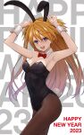  1girl absurdres armpits bare_shoulders blue_eyes bow bowtie breasts brown_hair cleavage evangelion:_3.0+1.0_thrice_upon_a_time highres leotard long_hair medium_breasts neon_genesis_evangelion playboy_bunny rebuild_of_evangelion red_bow red_bowtie sasasa_r_23 solo souryuu_asuka_langley teeth topknot two_side_up upper_teeth_only 