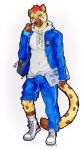  absurd_res anthro blue_clothing blue_eyes bottomwear brown_body brown_fur bulge chinese_text clothing detailed_bulge footwear fur hair hi_res hyena male male/male mammal monochrome paws red_hair school_uniform smile socks solo spotted_hyena student text underwear uniform wanroywolf white_clothing white_footwear white_socks 