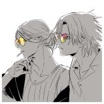  2boys black_nails contemporary daybit_sem_void fate/grand_order fate_(series) from_side hair_bun heart heart-shaped_eyewear looking_ahead male_focus medium_hair multiple_boys nobicco off_shoulder orange-tinted_eyewear shirt single_hair_bun spot_color sunglasses tezcatlipoca_(fate) tinted_eyewear upper_body 