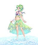  1girl bare_shoulders bikini bracelet fire_emblem fire_emblem:_the_sacred_stones fire_emblem_heroes flower full_body green_eyes green_hair green_sarong hair_flower hair_ornament highres jewelry l&#039;arachel_(fire_emblem) l&#039;arachel_(summer)_(fire_emblem) meriaiwaki_fe navel official_alternate_costume open_mouth sarong solo swimsuit water white_background white_bikini 