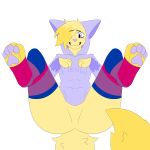  absurd_res animal_humanoid anthro bisexual_pride_colors blonde_hair blush blush_lines cat_humanoid cheek_tuft clothed clothing dipstick_tail domestic_cat ears_up facial_tuft fangs feet felid felid_humanoid feline feline_ears feline_humanoid felis fluffy fluffy_hair fluffy_tail foot_focus footwear fur hair hair_over_eye hi_res highlights_(coloring) hoodie hoodied humanoid legwear lenny_(theiathegreatest) lgbt_pride male mammal mammal_humanoid markings one_eye_obstructed pawpads pride_colors purple_clothing purple_eyes purple_hoodie purple_nose purple_pawpads purple_topwear smile smiling_at_viewer snaggle_tooth socks solo spread_legs spreading tail tail_markings teeth thigh_highs toeless_footwear toeless_legwear toeless_socks toeless_thigh_highs topwear tuft yellow_body yellow_fur yellow_hands yellow_paws yellow_tail 