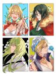 1girl 1other 2boys ahoge allium_(flower) blonde_hair blue_flower blue_necktie blue_vest blush braid braided_bun breasts brown_eyes cape cleavage closed_eyes closed_mouth diagonal-striped_necktie dress earrings enkidu_(fate) epaulettes facing_viewer fate/grand_order fate_(series) floral_background flower fur-trimmed_cape fur_trim gilgamesh_(caster)_(fate) gilgamesh_(fate) glint green_hair green_sweater hair_between_eyes hair_bun hair_intakes hand_up head_chain highres jewelry juliet_sleeves lily_of_the_valley long_hair long_sleeves looking_at_viewer looking_to_the_side multiple_boys necktie nero_claudius_(fate) nero_claudius_(fate/extra) open_mouth outstretched_hand parted_lips popped_collar portrait puffy_sleeves purple_flower reaching reaching_towards_viewer red_cape red_dress red_eyes robe shirt short_hair shoulder_tattoo smile striped_necktie sweater tattoo teeth turban vest waltz_(tram) waver_velvet white_flower white_robe white_shirt yellow_eyes yellow_flower yellow_necktie 