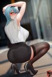  1girl armpits arms_up ass black_footwear black_skirt blue_hair blurry blurry_background breasts brown_eyes covered_nipples dutch_angle eula_(genshin_impact) from_behind genshin_impact high_heels highres large_breasts looking_at_viewer looking_back office_lady parted_lips pencil_skirt shirt_tucked_in skirt solo squatting thighhighs w.q.y zettai_ryouiki 