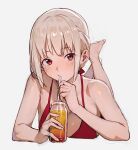  1girl barefoot bikini blonde_hair bottle breasts drinking drinking_straw drinking_straw_in_mouth full_body highres large_breasts lycoris_recoil lying nishikigi_chisato on_stomach red_bikini red_eyes short_hair solo sooon swimsuit 