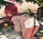  1girl ahoge all_fours ass ball bare_shoulders blue_archive blush breasts flower green_eyes halo hanako_(blue_archive) highres holding holding_hose hose large_breasts letdie1414 long_hair looking_at_viewer looking_back off_shoulder pink_halo red_hair shirt smile solo water white_flower 