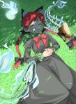  1girl :o \||/ animal_ears bow braid cat_ears dress fire from_above grass highres hitodama kaenbyou_rin keiki8296 lying on_back on_grass open_mouth red_hair skull sleeping solo touhou twin_braids 