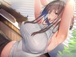  1girl armpits arms_up bare_arms bare_shoulders black_eyes black_pants blush breasts brown_hair commentary_request hair_tie_in_mouth jewelry large_breasts long_hair looking_at_viewer mouth_hold necklace neropaso original pants sleeveless solo 