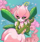 1girl blue_background digimon digimon_(creature) fairy flower highres lilimon looking_at_viewer midluuna monster_girl petals pink_flower plant_girl solo wings 