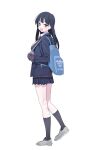  1girl backpack bag black_socks blazer blue_hair blue_jacket blue_skirt blush boku_no_kokoro_no_yabai_yatsu breasts dark_blue_hair full_body highres jacket large_breasts long_hair looking_at_viewer looking_to_the_side mx2j neck_ribbon pleated_skirt purple_vest ribbon school_uniform simple_background skirt smile socks solo straight_hair very_long_hair vest white_background yamada_anna 