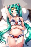 1girl adapted_costume aposine aqua_eyes aqua_hair arm_up armpits bikini bishoujo_senshi_sailor_moon bow bow_bikini collarbone commentary commission cosplay double_bun english_commentary hair_bun hair_ornament hatsune_miku long_hair looking_at_viewer lying navel on_back on_bed parted_bangs pillow red_bow sail sailor_moon sailor_moon_(cosplay) solo striped striped_bikini swimsuit twintails very_long_hair vocaloid 