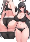 1girl ass ass_visible_through_thighs black_hair black_panties blue_archive blunt_bangs blush breasts bright_pupils can commentary_request from_behind hair_ornament hairclip halo highres holding holding_can huge_ass huge_breasts kuavera long_hair looking_at_viewer monster_energy multiple_views panties red_eyes rio_(blue_archive) simple_background thick_thighs thigh_gap thighs underwear very_long_hair white_background white_pupils 