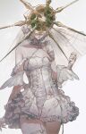 1boy androgynous breasts choker cropped_legs cross cross-laced_clothes cross-laced_dress crucifix cuso4_suiwabutu dark_souls_(series) dark_souls_i dark_sun_gwyndolin dress fake_wings frilled_choker frilled_dress frills highres mask off_shoulder otoko_no_ko parted_lips thigh_strap thighhighs veil white_background white_dress white_hair wings wrist_cuffs 