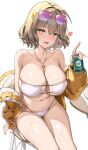  1girl :d absurdres anis_(nikke) anis_(sparkling_summer)_(nikke) bikini breasts brown_hair can chair eyepatch_bikini eyewear_on_head goddess_of_victory:_nikke heart heart-shaped_pupils highres holding holding_can jacket jewelry large_breasts looking_at_viewer navel off_shoulder official_alternate_costume open_mouth pendant samart sitting smile solo stomach sunglasses swimsuit symbol-shaped_pupils thighs white_bikini yellow_eyes yellow_jacket 