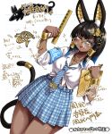  1girl animal_ear_fluff animal_ears ankh anubis_(mythology) armband black_hair blue_nails blue_necktie blue_shirt blush bracelet breasts cleavage clipboard collared_shirt dark-skinned_female dark_skin egyptian fangs glasses gold gyaru hair_ornament highres holding holding_clipboard holding_pen holding_ruler jackal_ears jewelry long_hair looking_at_viewer medium_breasts nail_polish necktie nekoguchi open_mouth original pen plaid plaid_skirt ruler safety_pin shirt skirt skirt_rolled_up smile solo striped_necktie tail tied_shirt translation_request white_shirt x_hair_ornament yellow-framed_eyewear 