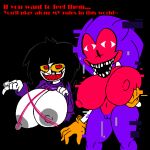  1:1 anthro areola big_breasts black_background black_hair breasts clothed clothing creativehands creepypasta dialogue duo eulipotyphlan fan_character female flashing flashing_breasts fur genitals gloves grey_areola grey_nipples hair handwear hedgehog huge_breasts human looking_at_viewer mammal navel needlem0use_(analogue_horror) nightmare_fuel nipple_outline nipples orange_clothing orange_gloves orange_handwear pink_body pink_fur presenting presenting_breasts purple_body purple_clothing purple_fur purple_sweater purple_topwear pussy raised_clothing raised_topwear red_eyes sarah_(needlemouse) sega sharp_teeth simple_background smile sonic.exe_(creepypasta) sonic_the_hedgehog sonic_the_hedgehog_(series) sweater talking_to_viewer teeth text thick_thighs topwear white_body white_skin wide_hips yellow_sclera 