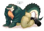  1boy all_fours ass bara black_footwear draw_your_babygirl_(meme) english_text fingernails from_side full_body furry furry_male galos_(sonchai) green_shirt highres large_pectorals large_tail lizardman long_sleeves looking_at_viewer male_focus meme muscular muscular_male open_clothes open_shirt orange_shirt original pants pectorals reptile_boy sharp_fingernails shirt simple_background smile solo sonchai_(asha_sonchai173) tail thick_thighs thighs white_background yellow_pants 