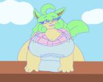  animated anthro big_butt breast_play breast_squish breasts butt eeveelution female generation_4_pokemon green green_hair hair leafeon low_res nintendo obese obese_anthro obese_female overweight overweight_anthro overweight_female pokemon pokemon_(species) solo squish startlin tail yellow_body 