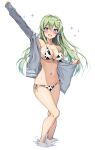  1girl :d absurdres alternate_costume amagi_(amagi626) animal_print arm_up armpits bare_legs barefoot bikini blue_eyes blush breasts cleavage collarbone cow_print curvy frog_hair_ornament front-tie_bikini_top front-tie_top full_body green_hair grey_jacket hair_between_eyes hair_ornament hair_tubes halterneck happy highres jacket kochiya_sanae large_breasts long_hair long_sleeves looking_at_viewer navel no_pants open_clothes open_jacket open_mouth outstretched_arm side-tie_bikini_bottom sidelocks simple_background skindentation sleeves_past_wrists smile solo sparkle standing stomach string_bikini swimsuit thighs touhou underboob wading water white_background 