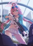  ahoge aiming bikini bikini_skirt blue_archive blue_eyes crotch_seam evil_smile eyewear_on_head from_below gun halo heterochromia holding holding_gun holding_weapon hoshino_(blue_archive) hoshino_(swimsuit)_(blue_archive) jacket jacket_over_swimsuit long_hair nikulas_cage open_clothes open_jacket pink_hair pleated_skirt robot shotgun simple_background skirt smile smirk sunglasses swimsuit track_jacket twintails weapon white_bikini yellow_eyes 