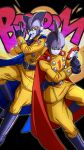  2boys absurdres belt black_background black_belt black_eyes black_footwear black_gloves blue_cape boots buttons cape closed_mouth colored_sclera colored_skin commentary_request double-breasted dragon_ball dragon_ball_super dragon_ball_super_super_hero energy_gun explosion frown gamma_1 gamma_2 gloves grey_skin grin hands_up highres holding holding_weapon holster jacket long_sleeves looking_at_viewer male_focus mine1225 multiple_boys pants ray_gun red_cape red_ribbon_army serious simple_background smile sound_effects teeth v-shaped_eyebrows weapon yellow_jacket yellow_pants yellow_sclera 