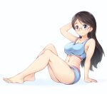  1girl arm_support barefoot black_hair blue_shorts blue_sports_bra blush breasts character_name cleavage closed_mouth collarbone commentary feet glasses hair_ornament hairclip highres large_breasts long_hair looking_at_viewer looking_to_the_side midriff navel saitou_kaede_(yama_no_susume) shorts simple_background smile solace solo sports_bikini sports_bra textless_version thighs toenails toes underwear white_background yama_no_susume 