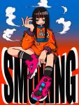  1girl aqua_eyes black_hair black_shorts black_socks blue_background blunt_bangs cigarette cloud english_text full_body gradient_background hand_up highres holding holding_cigarette jitome long_hair long_sleeves looking_at_viewer nao97122 open_mouth orange_background orange_sweater original pink_footwear ribbed_socks shoes shorts sitting smoke smoking sneakers socks solo straight_hair streetwear sweater triple_vertical_stripe two-tone_background zipper_pull_tab 