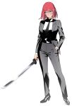  1girl absurdres alternate_costume bangs black_footwear black_necktie black_pants blue_eyes blush breasts chainsaw_man english_commentary frown fukou full_body grey_jacket grey_pants hand_in_own_hair highres holding holding_sword holding_weapon jacket katana kohaku_(tsukihime) long_sleeves looking_at_viewer medium_breasts medium_hair necktie pants red_hair shiny_skin shirt simple_background solo standing sword tsukihime weapon white_background white_shirt 