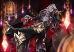  1boy armor birdcage black_footwear blurry blurry_foreground cage colored_skin crossed_legs flower gold_trim grey_skin hand_on_own_head holding holding_skull indoors long_hair long_sleeves mabinogi pectorals pointy_ears red_eyes red_flower sitting skull white_hair zrt000 
