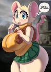  absurd_res alternate_species anthro ashley_graham_(resident_evil) big_breasts blue_eyes bottomwear breasts capcom clothed clothing dialogue female furrification hi_res huge_breasts mammal mouse moushley murid murine pink_nose resident_evil rodent scar side_view skirt solo standing sweater thick_thighs topwear toto_draw 