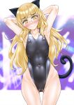  1girl animal_ears armpits arms_up black_one-piece_swimsuit blonde_hair blush cat_ears cat_girl cat_tail competition_swimsuit flat_chest glasses highleg highleg_swimsuit highres long_hair looking_at_viewer navel one-piece_swimsuit perrine_h._clostermann see-through shiromitsu_suzaku skindentation solo standing strike_witches swimsuit tail wide_hips world_witches_series yellow_eyes 