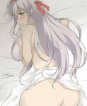  1girl alternate_costume artist_name ass bed_sheet butt_crack commentary_request dated from_behind gakky green_eyes grey_hair hairband kantai_collection long_hair looking_at_viewer looking_back nude on_bed one-hour_drawing_challenge red_hairband shoukaku_(kancolle) solo very_long_hair 