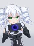  1girl absurdres bare_shoulders black_gloves black_leotard black_sister blush boots breasts choujigen_game_neptune_mk2 drill_hair elbow_gloves gloves green_eyes highres leotard long_hair neptune_(series) power_symbol shionic_zm small_breasts solo symbol-shaped_pupils twin_drills upper_body white_hair 