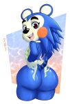  animal_crossing anthro apron apron_only areola big_butt blue_background blue_body blue_fur bottom_heavy brown_eyes butt clothing eulipotyphlan eyelashes female flat_chested fur green_apron hedgehog hi_res huge_butt looking_at_viewer looking_back looking_back_at_viewer mabel_able mammal mostly_nude nintendo nipples open_mouth open_smile pink_areola pink_background pink_nipples raccoon_sama rear_view rosy_cheeks simple_background smile solo tan_body tan_fur thick_thighs white_background wide_hips 