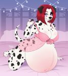  2023 anthro bed belly big_belly big_breasts black_spots bottomless bra breasts canid canine canis clothed clothing dalmatian domestic_dog female floppy_ears fur furniture hair huge_belly hyper hyper_pregnancy kneeling looking_at_viewer mammal navel on_bed outie_navel pregnant pregnant_female purple_eyes red_hair sammie_(spyingredfox) smile solo spots spotted_body spotted_fur spottedtigress underwear white_body white_fur 