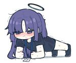  1girl arm_rest black_shirt blue_archive blush clenched_hands collarbone commentary halo highres nose_blush official_alternate_costume piki_(itpiki) planking purple_eyes purple_hair shirt short_sleeves simple_background solo sweat symbol-only_commentary tiptoes trembling white_background yuuka_(blue_archive) yuuka_(track)_(blue_archive) 