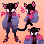  1:1 anthro black_body black_fur blush bodily_fluids bodysuit bottomwear claws clothing domestic_cat felid feline felis footwear fur hi_res jacket male mammal marvel meows_morales miles_morales one_eye_closed paws pose shoes shorts skinsuit sneakers solo spider-ham spider-man:_into_the_spider-verse spider-man_(series) superhero sweat thefrenchnugget tight_clothing topwear wink 