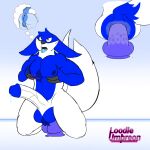  1:1 aroused blue_body blue_fur bodily_fluids breasts cum cum_in_ass cum_inside dildo fur genital_fluids genitals head_tuft hi_res holding_breast kneeling loodlezangoose male muscular penis precum rear_view sex_toy solo tail tank_(tygoose_warriors) thick_dildo thought_bubble tongue tongue_out tuft tygoose vein veiny_penis 