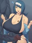  1boy 1girl bare_shoulders blue_eyes blue_hair blue_jacket breasts censored colored_skin covered_navel cum erection grey_skin hair_ornament heart hetero highres huge_breasts huge_penis interspecies jacket lana&#039;s_mother_(pokemon) long_hair machoke mature_female metal_owl_(aden12) mosaic_censoring muscular muscular_male one-piece_swimsuit penis pokemon pokemon_(anime) pokemon_(creature) pokemon_sm_(anime) pokephilia solo_focus swimsuit 