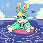  1:1 2022 animal_crossing anthro avian bird bisonvega blonde_hair blue_eyes blush blush_lines blush_stickers butt clothing cloud embarrassed fur green_body green_fur gull gulliver_(animal_crossing) hair inflatable inner_tube lagomorph lari larid leporid looking_at_viewer male mammal nintendo orange_nose partially_submerged pattern_clothing rabbit sasha_(animal_crossing) sea silhouette slipped solo striped_clothing stripes sun swimwear tail water white_body white_fur yellow_tail 